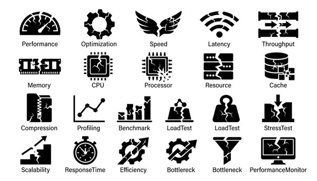 Performance optimization and system monitoring icon set featuring speed, latency, throughput, memory, CPU, processor, cache, compression, profiling, benchmark, load testing, stress testing, 