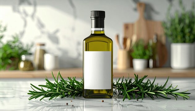 Extra virgin olive oil bottle with blank label surrounded by fresh rosemary on marble kitchen counter