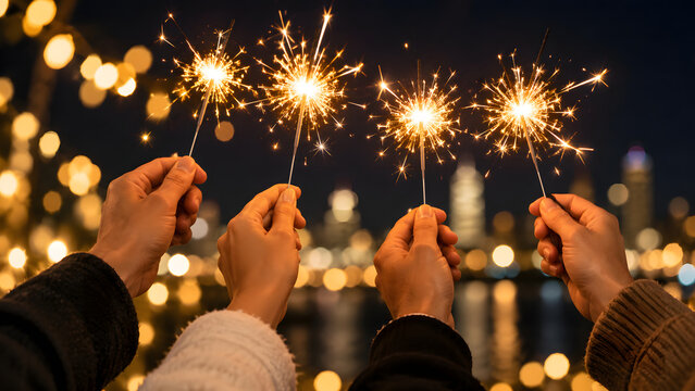 Friends hands holding burning sparklers celebrating new year.
