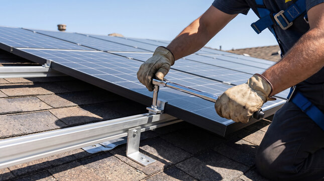 Solar installer using a torque wrench on a rail-clamp bolt on a rooftop panel array