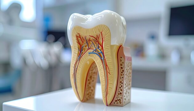 Human tooth anatomical model displaying internal nerve structure inside modern dental clinic