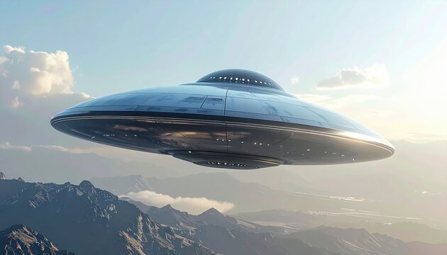 Futuristic silver metallic flying saucer hovering against clean bright background representing extraterrestrial technology