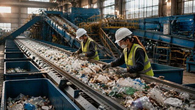 Industrial facility with two employees separating discarded materials on a conveyor belt, illustrating resource recovery, waste management, environmental services and sustainable manufacturing.
