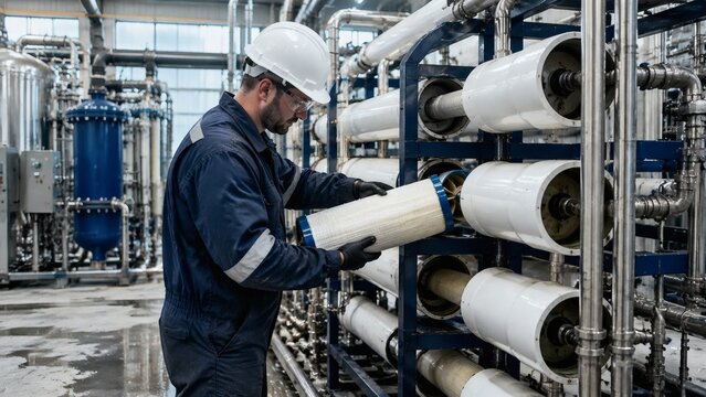 Worker handling a membrane filter cartridge inside a water treatment facility, surrounded by pipes and processing equipment, illustrating purification, maintenance, engineering and industrial operatio