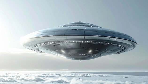 Futuristic silver metallic flying saucer hovering against clean bright background representing extraterrestrial technology