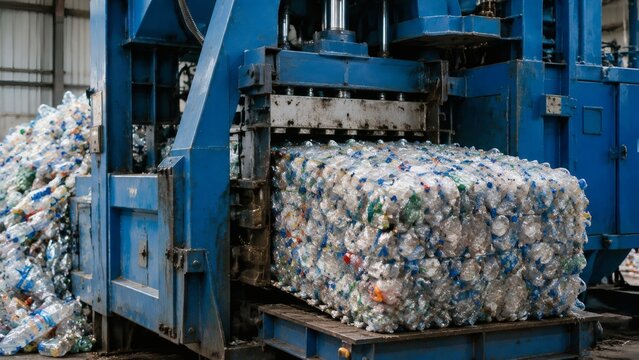 Industrial recycling press compacting a dense bale of plastic bottles in a waste processing facility, showing material recovery, resource management and circular economy operations.
