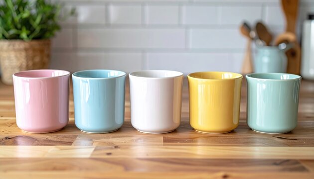 Five colorful pastel ceramic measuring cups resting sideways on wooden kitchen counter