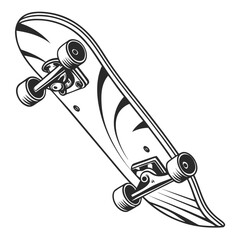 A black and white line of a classic skateboard with wheels and trucks, viewed from an angle, isolated on a white background © Bakkar