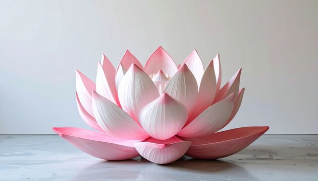 Three-dimensional pink and white lotus flower sculpture on minimalist studio floor