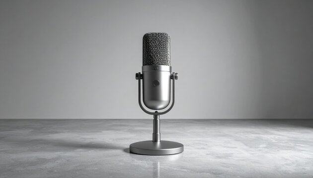 Professional silver podcast microphone hovering above polished concrete floor in minimalist modern room