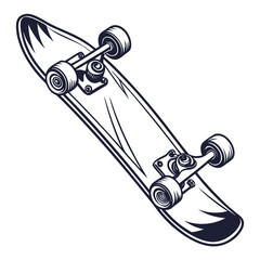 A black and white line of a skateboard with wheels and trucks, shown from an angle, isolated on a white background © Bakkar