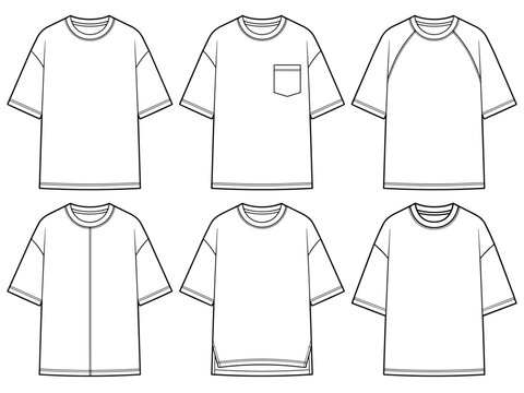 oversized t shirt unisex short sleeve raglan and pocket crew neck set flat sketch vector technical cad drawing template