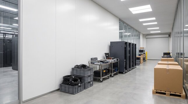 Modern server room staging area with storage racks boxes and technical cabling in bright tech facili