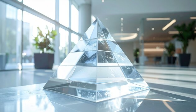 Translucent crystal pyramid displaying corporate hierarchy information inside sunlit glass office lobby