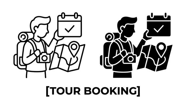 Tour booking icon with traveler backpack camera map calendar and location pin traveler backpack calendar vacation adventure location destination schedule reservation silhouette monochrome