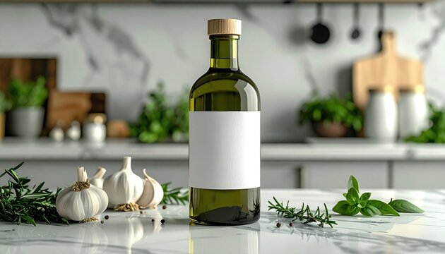 Green glass olive oil bottle with blank white label on marble kitchen counter surrounded by herbs and garlic