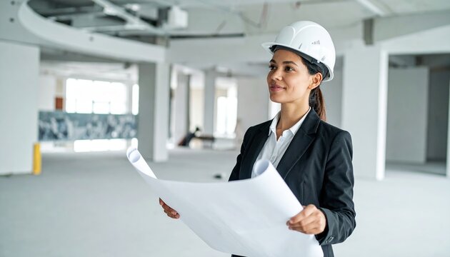 Female construction manager wearing white hardhat surveying unfinished skyscraper lobby with blueprints