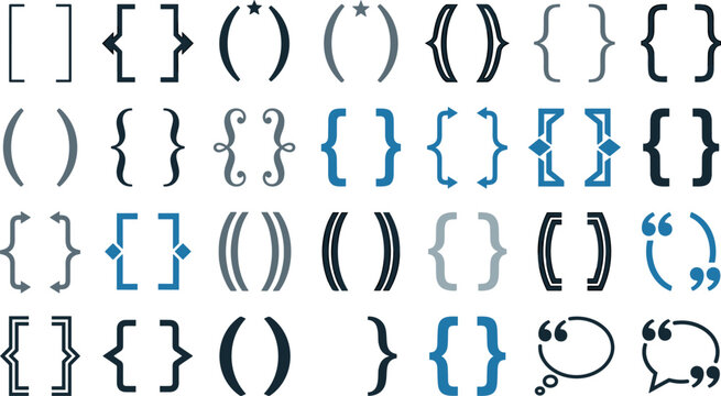 Decorative Brackets and Parentheses Vector Icon Set with Curly Braces Quotes and Square Borders for Typography and Graphic Designs