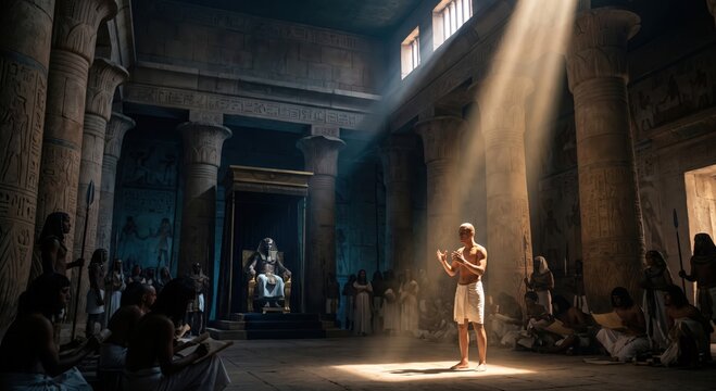 Ancient Egyptian pharaoh throne room with man speaking in divine light