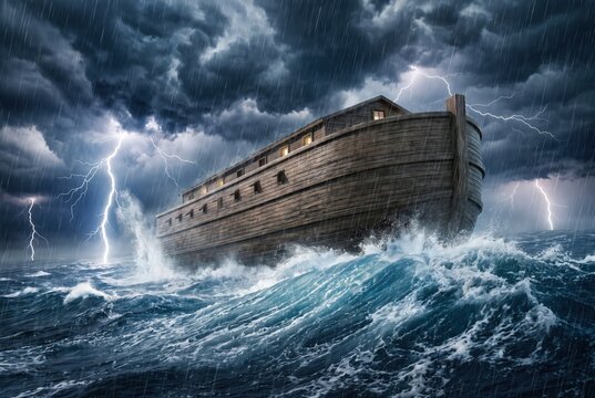 Noah ark storm rough sea lightning dramatic sky biblical flood concept