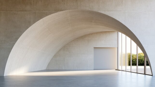 Minimalist modern architectural interior with sweeping concrete arch and floor-to-ceiling windows for design, poster, background
