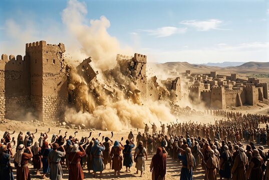 Battle of Jericho walls falling down biblical historical scene desert