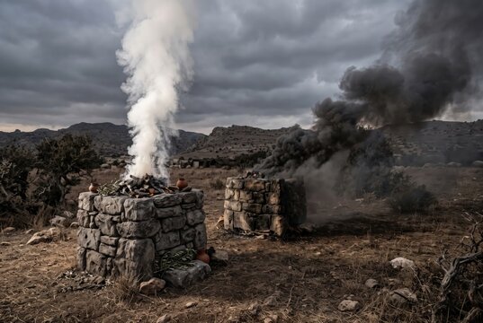 Stone altar ritual smoke fire outdoor moody landscape atmospheric scene