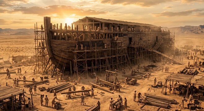 Noah ark construction site in desert landscape at dramatic sunset