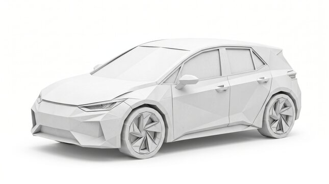 White paper craft hatchback car model isolated on white background with automobile