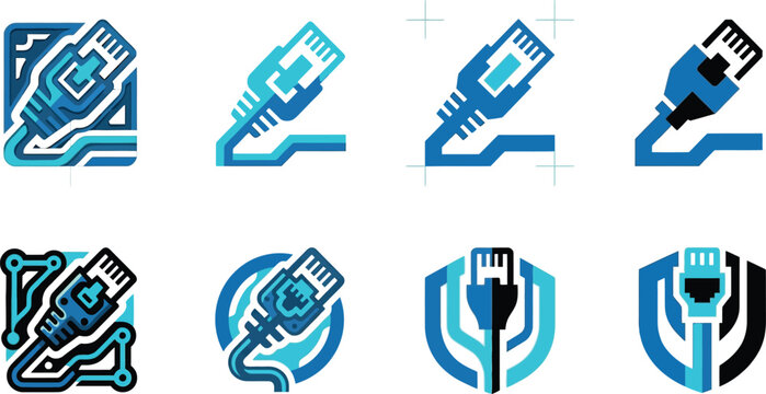 Set of blue and black ethernet cable logos and icon designs on white background