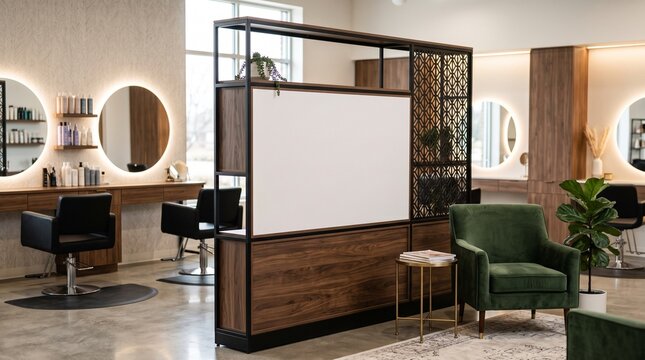 Modern luxury hair salon interior featuring a wooden partition wall with white signage display panel