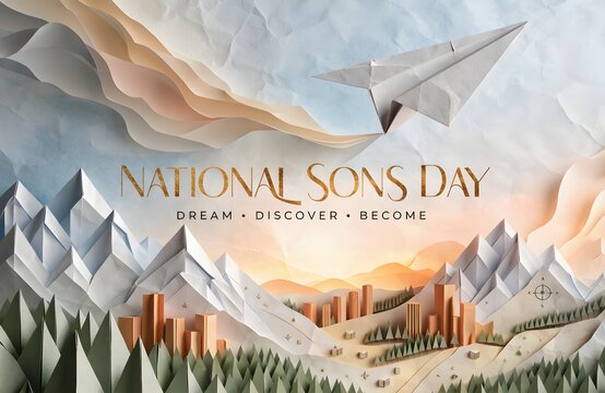 Conceptual art for national sons day with paper airplane soaring over origami mountains