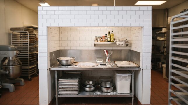 Bakery preparation station with dough bowls metal table tiles and ingredients for artisan bread baki