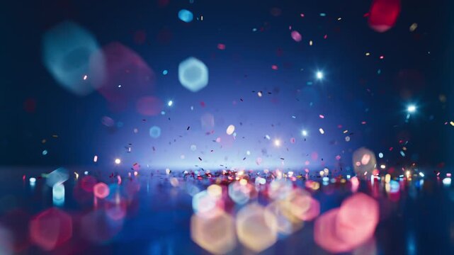 Soft, out of focus confetti particles float gently over a blue surface. The blurred bokeh effect is very artistic and modern. 3D render motion.