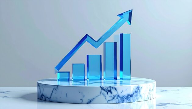 Blue crystal financial graph with rising arrow on marble podium representing business growth