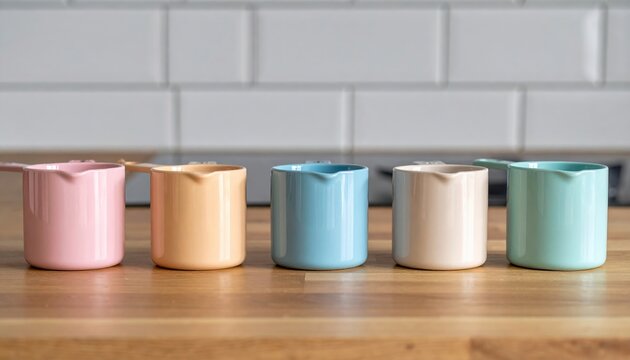 Five colorful pastel ceramic measuring cups resting sideways on wooden kitchen counter