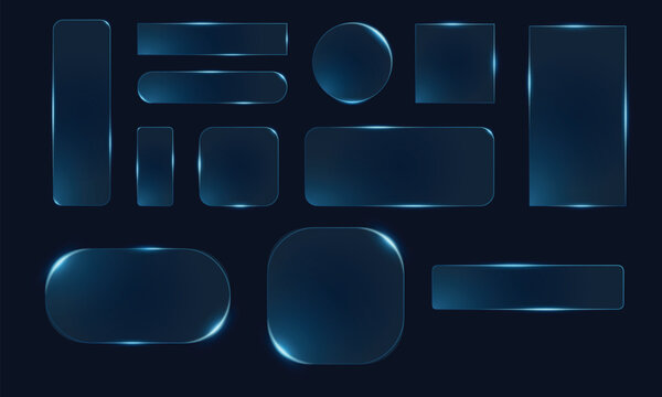 Modern glass morphism UI frame collection with glowing blue borders for elegant web site interface and futuristic mobile application dashboard design elements set.