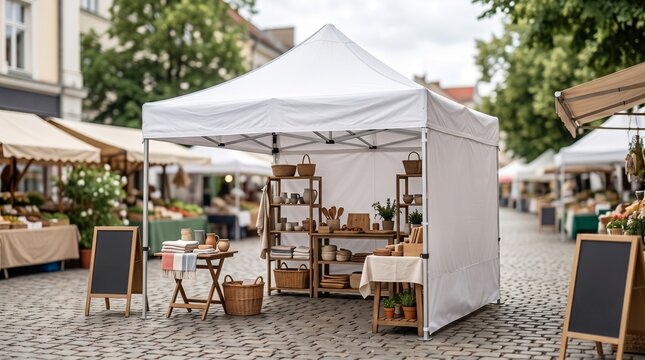 White market stall canopy display with artisan wooden shelving on a historic cobblestone village str