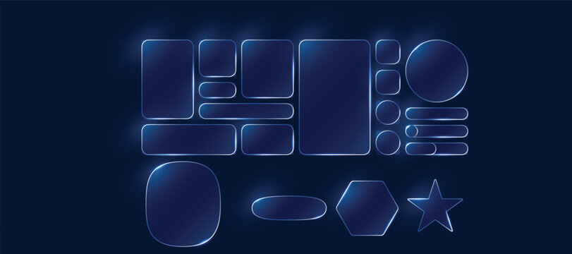 Neon glowing glass morphism ui kit with dark blue gradient shapes circles and stars for immersive futuristic game interface and dashboard design elements.
