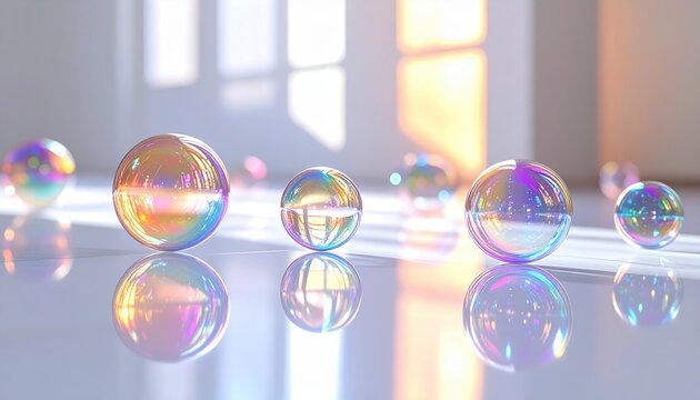 Floating iridescent soap bubbles scattered across reflective white floor creating playful rainbow spheres