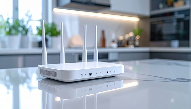 White wireless router with four antennas resting on glossy kitchen table