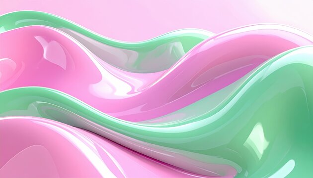 Abstract pastel pink and green glossy liquid waves with smooth plastic texture and flowing 3D shapes