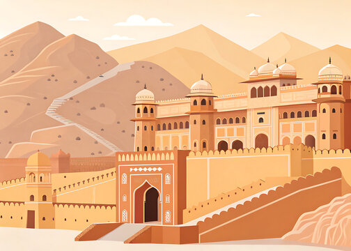 Amer Fort, Jaipur  majestic hilltop fort with golden sandstone walls, decorative courtyards and domed gateways