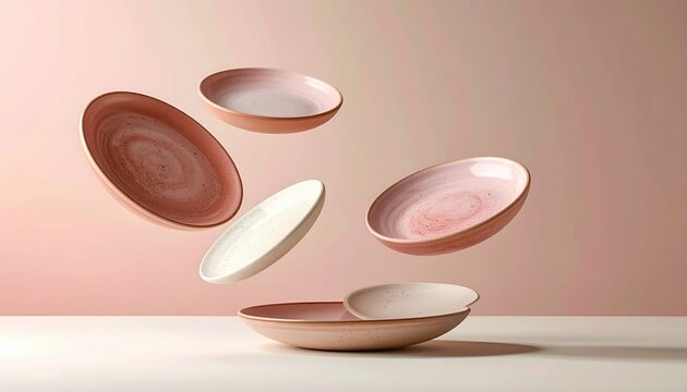 Abstract floating ceramic discs in pastel terracotta beige and pink tones creating minimalist geometric composition