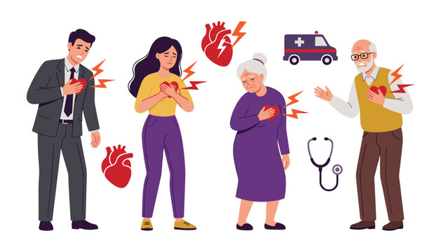 Heart attack and chest pain vector set featuring diverse group of people suffering cardiac arrest human heart ambulance and stethoscope icons