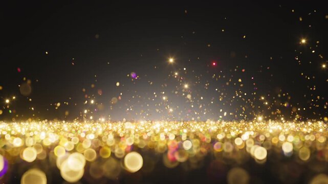 Golden light particles move and shimmer in a soft, blurred field. This elegant background is perfect for luxury branding and events. 3D render motion.