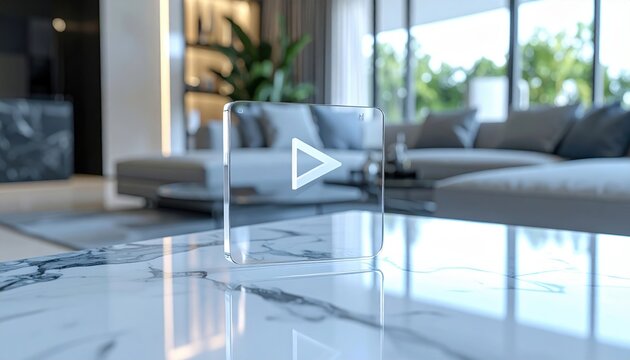 Transparent glass play button icon displayed on marble table inside luxury contemporary living room