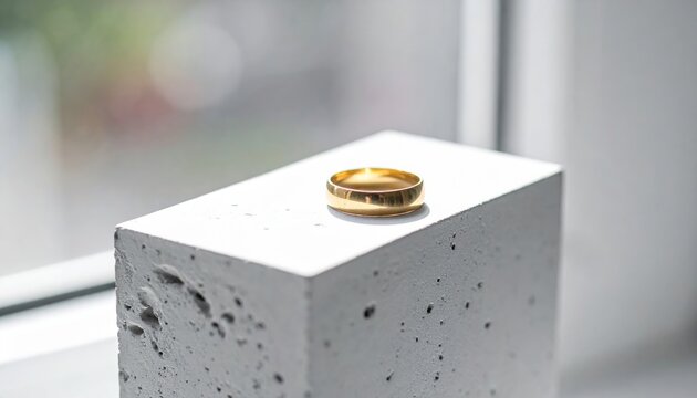 Solid gold wedding band resting on textured white concrete block near bright window