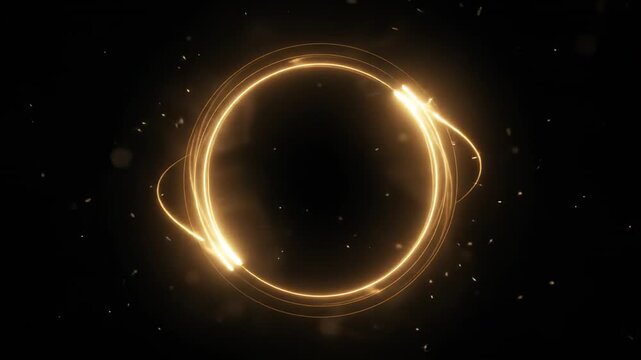 Glowing golden ring rotating with floating sparks on dark background