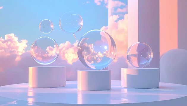 Multiple transparent glass speech bubbles clustered on white cylindrical podium representing social media communication and digital messaging